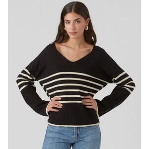 Vero Moda Happiness Black Cream Striped Fine Knit Pullover Sweater Women XLarge